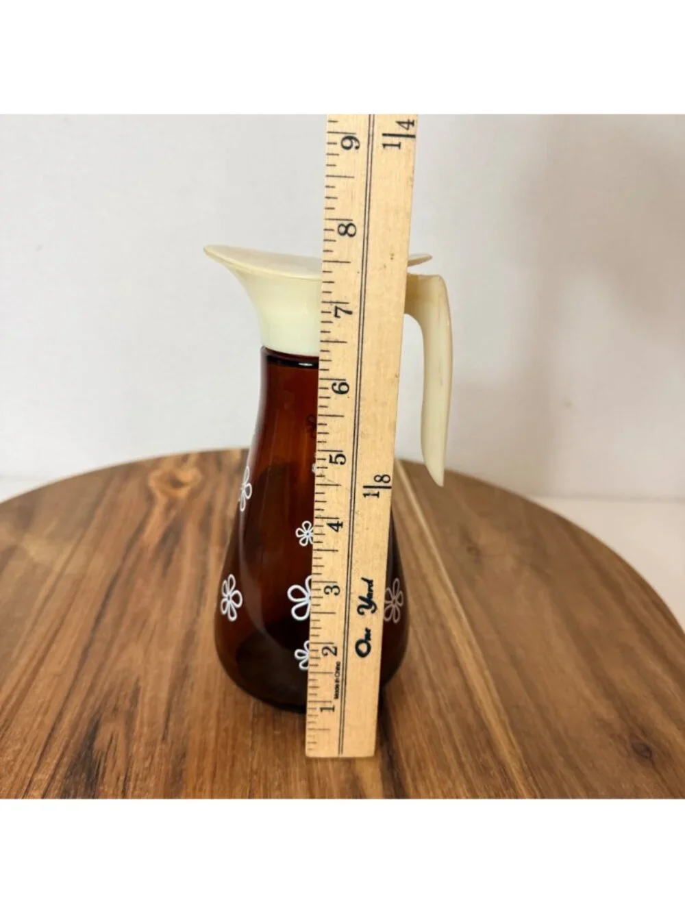 Thatcher Syrup Dispenser Amber Glass Daisy 16 Oz VTG 60s MCM Pitcher Retro Decor